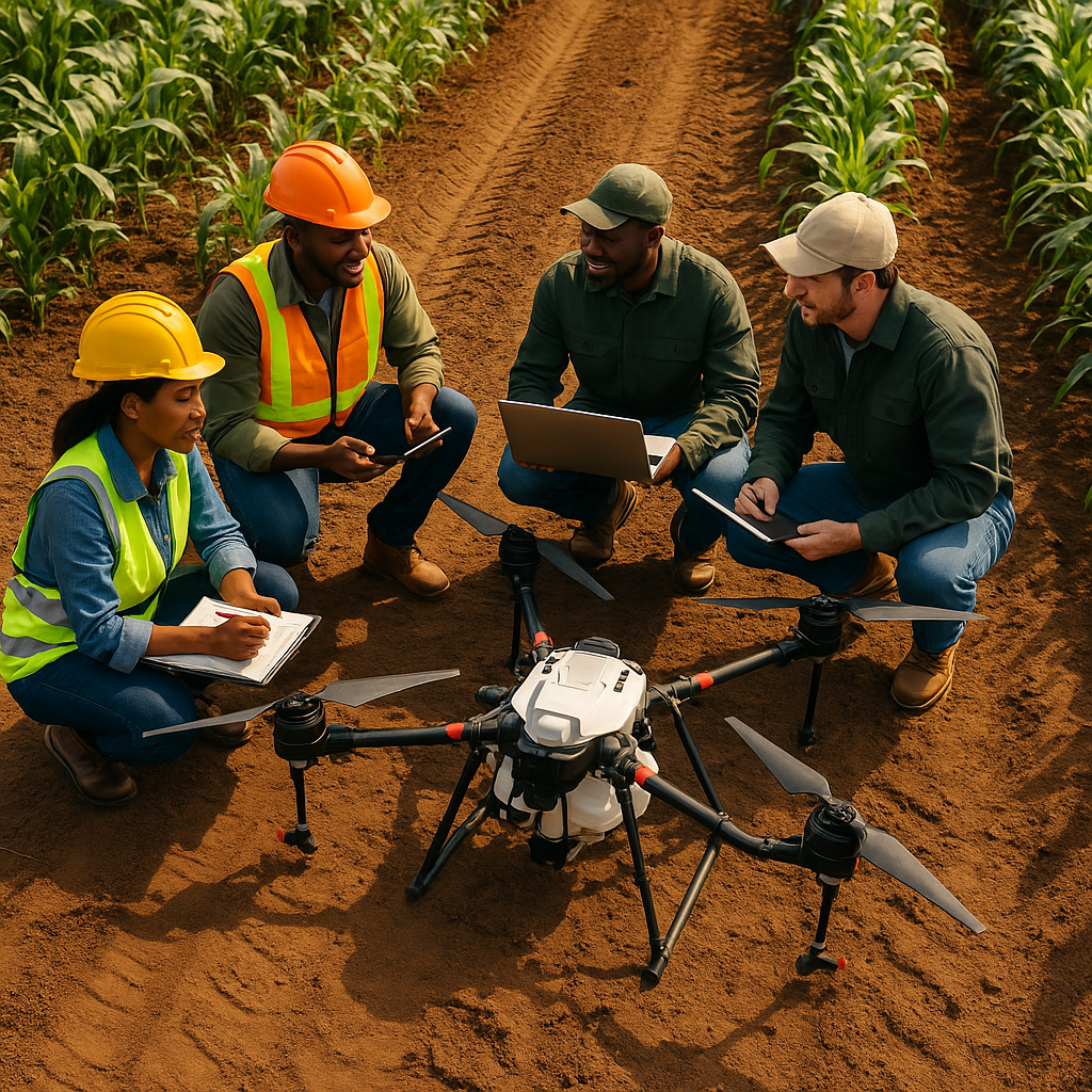 Agricultural experts collaborating in a field during a consultation.